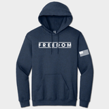 navy hoodie with freedom text and american flag graphic