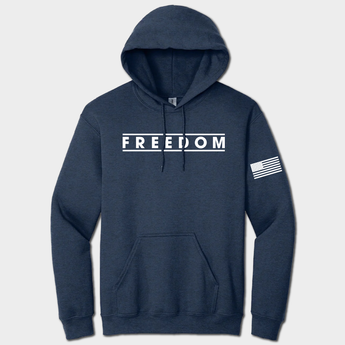 navy hoodie with freedom text and american flag graphic