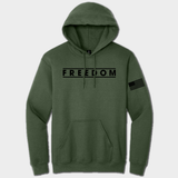 military green hoodie with freedom text and american flag graphic