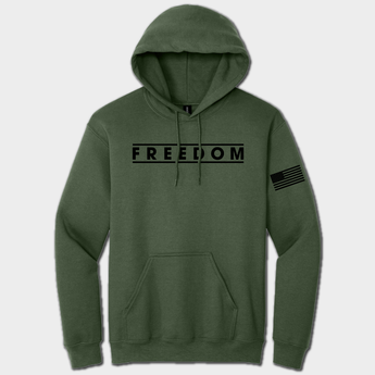 military green hoodie with freedom text and american flag graphic