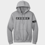 gray hoodie with freedom text and american flag graphic