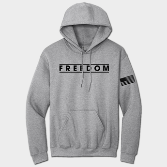 gray hoodie with freedom text and american flag graphic