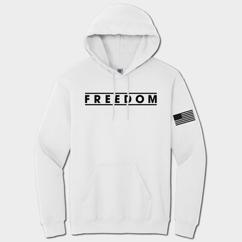 white hoodie with freedom text and american flag graphic