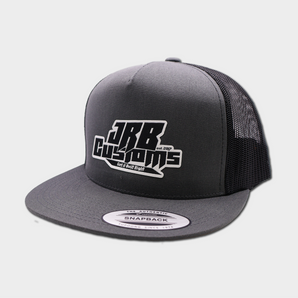 angled view of JRB customs snapback hat black and gray