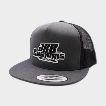 angled view of JRB customs snapback hat black and gray