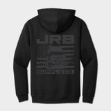 Black hoodie with 'JRB' branding on back design on a white background