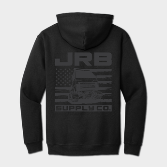 Black hoodie with 'JRB' branding on back design on a white background