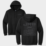 Black hoodie with 'JRB' branding on front and back design on a white background