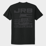 Black t-shirt with JRB branding on back against a white background
