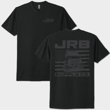 Black t-shirt with JRB branding on front and back against a white background