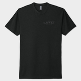 Black t-shirt with JRB branding on front against a white background