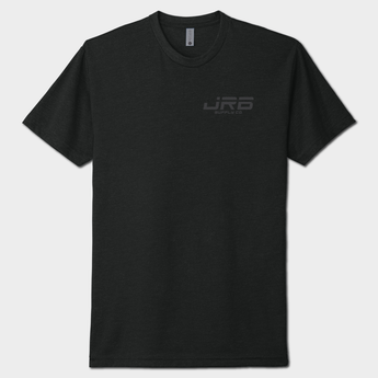 Black t-shirt with JRB branding on front against a white background