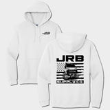 front and back white hoodie with JRB supply co logo and mini truck graphic