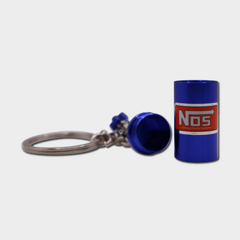 front view of nitrous NOS key chain blue