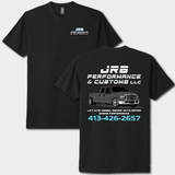 Black t-shirt with JRB Performance & Customs LLC branding on a white background