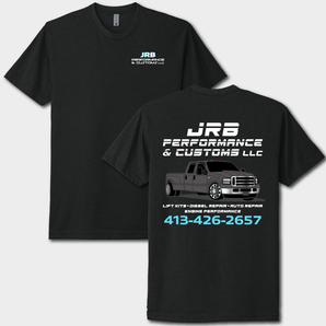 Black t-shirt with JRB Performance & Customs LLC branding on a white background
