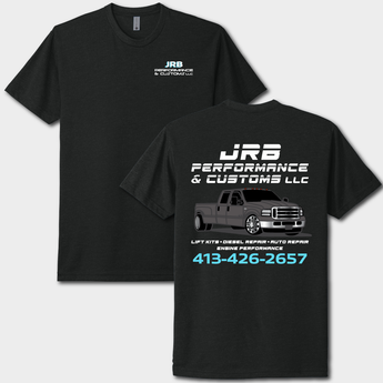 Black t-shirt with JRB Performance & Customs LLC branding on a white background