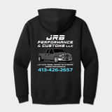 black back of JRB Customs hoodie with logos and graphics