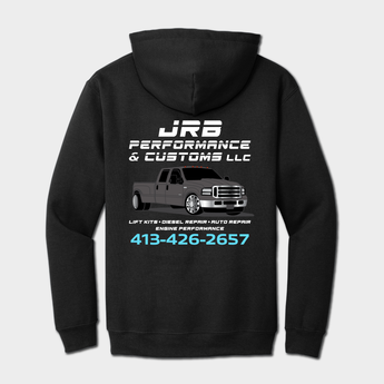black back of JRB Customs hoodie with logos and graphics