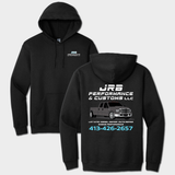 black front and back of JRB Customs hoodie with logos and graphics