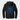 Black hoodie with blue skull and crossbones design on the back against a light gray background