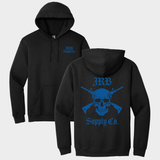 Black hoodie with blue logo