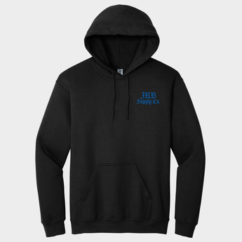 Black hoodie with blue logo