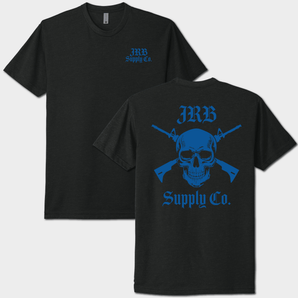 Black t-shirt with blue 'JRB Supply Co.' logo on front and back