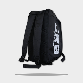 back angled logo side of jrb supply gym bag black with white logo