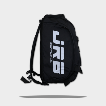 side logo view of jrb supply gym bag black with white logo