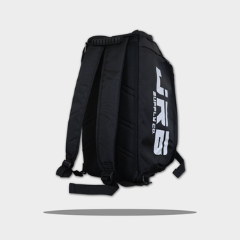 back angled view of jrb supply gym bag black with white logo