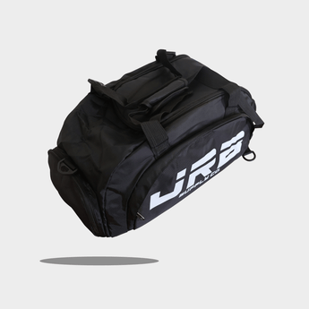 top angled view of jrb supply gym bag black with white logo