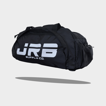 angled view of jrb supply gym bag black with white logo