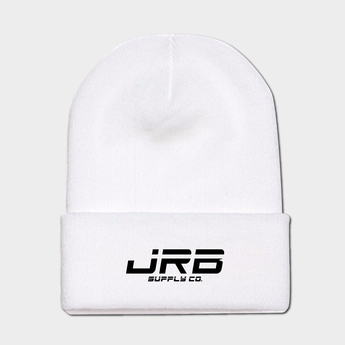 white beanie with JRB Supply Co logo