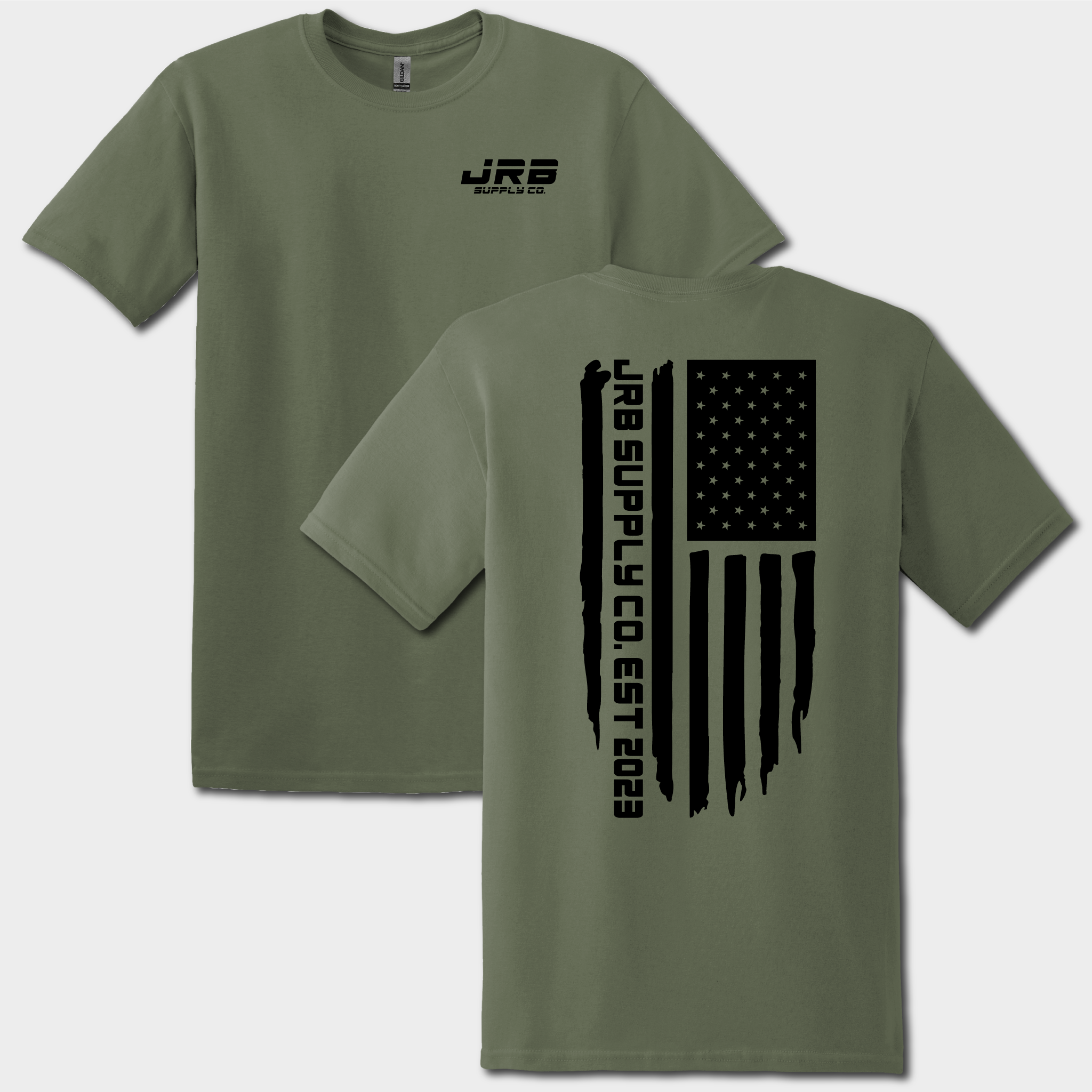 front and back of jrb supply distressed tshirt dark green with black graphics