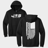 front and back of jrb supply distressed hoodie black with white graphics