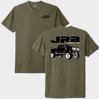 front and back of jrb supply powerstroke tshirt dark green with black graphics