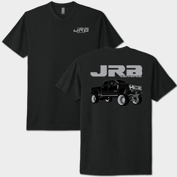 front and back of jrb supply powerstroke tshirt black with gray graphics