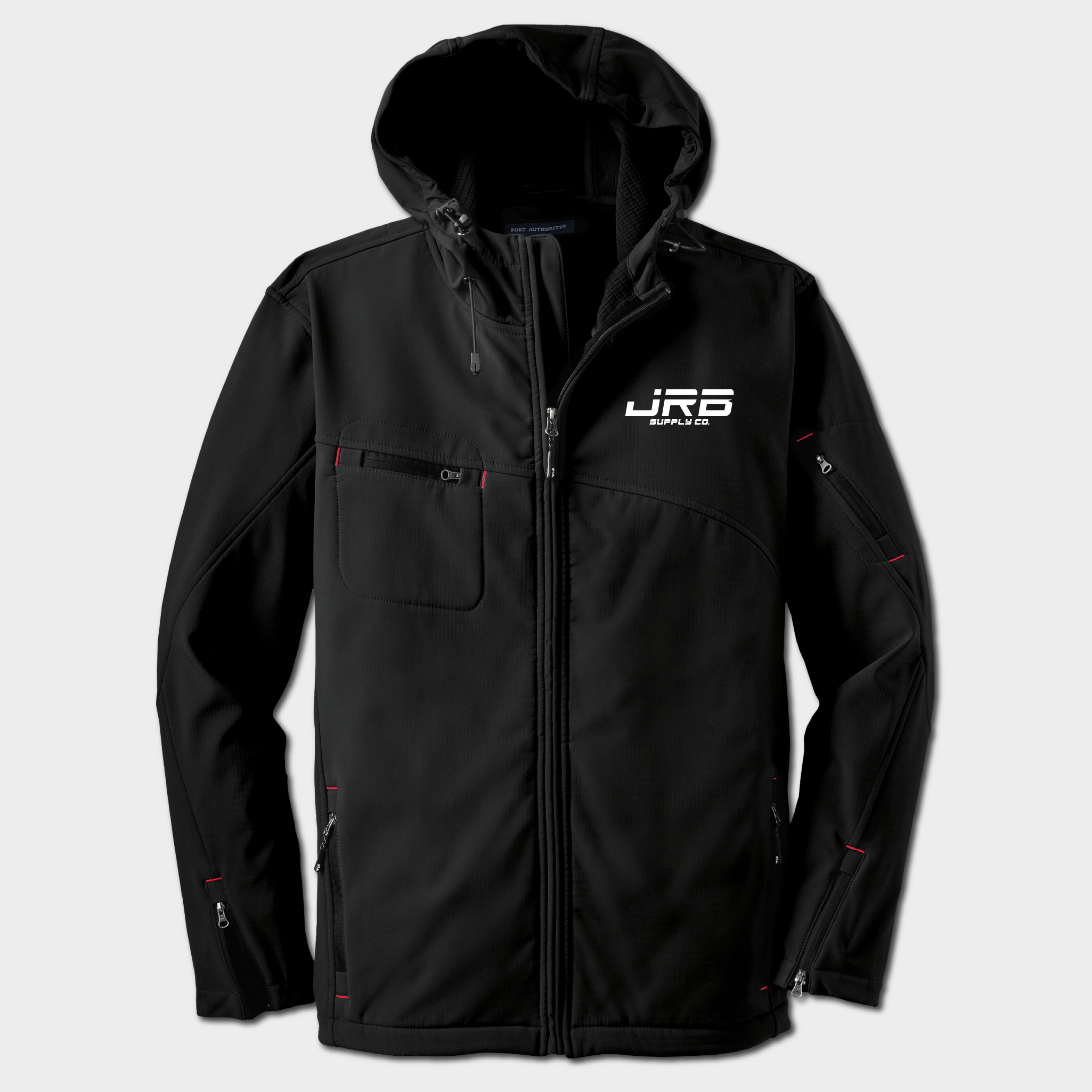 front of jrb supply jacket black with red stitching and white logo