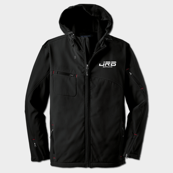 front of jrb supply jacket black with red stitching and white logo