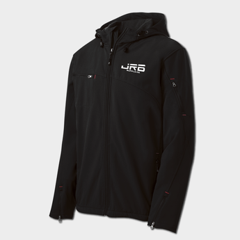 angled view of jrb supply jacket black with red stitching and white logo