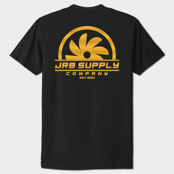 back of jrb supply co turbine tshirt black with gold logo