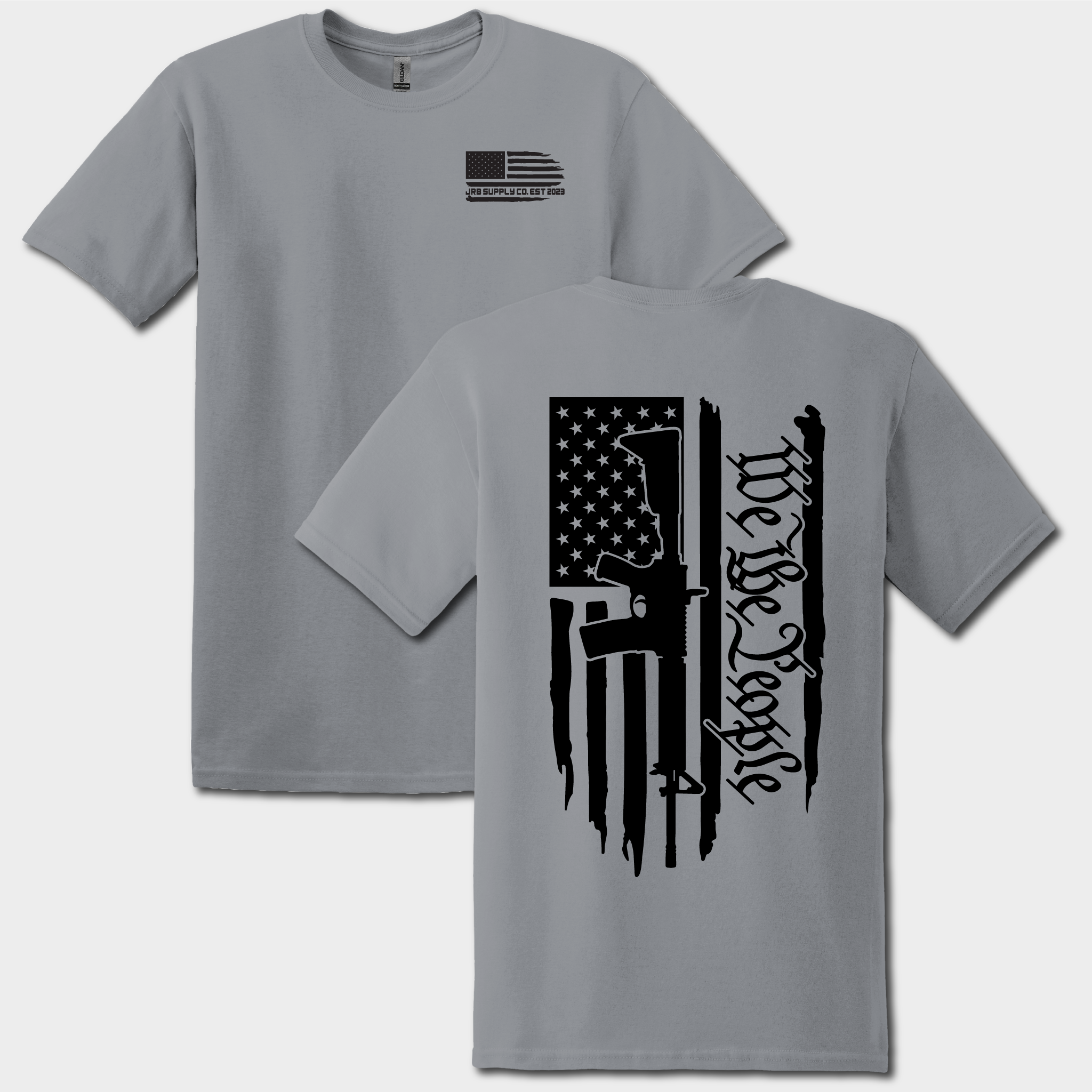 front and back of We the people jrb supply tshirt gray with black graphics