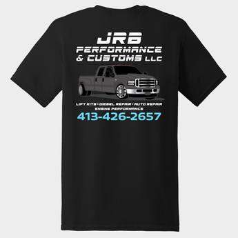 JRB Team black t-shirt back with company logo and phone number