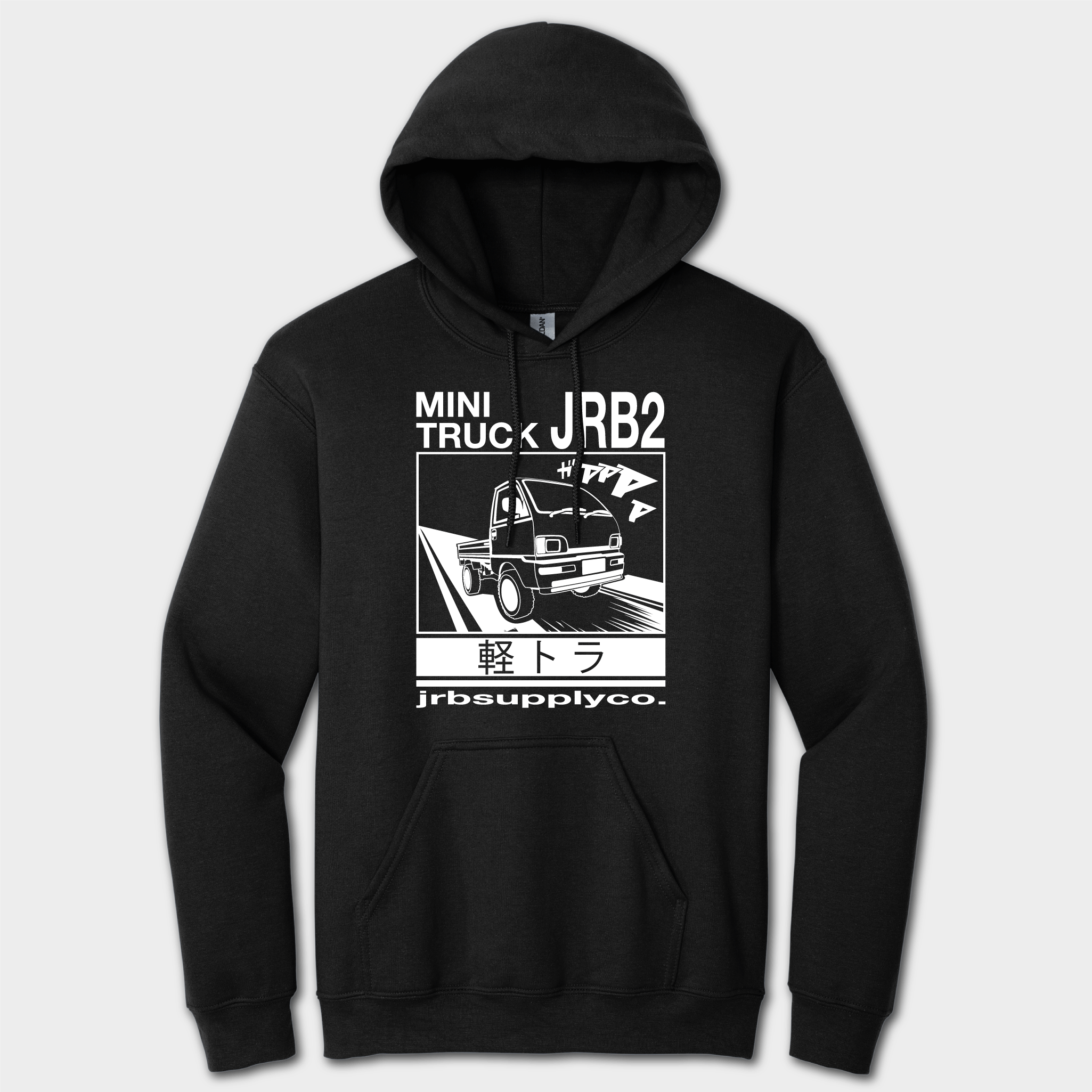 front of JRB2 mini truck hoodie black with white graphics