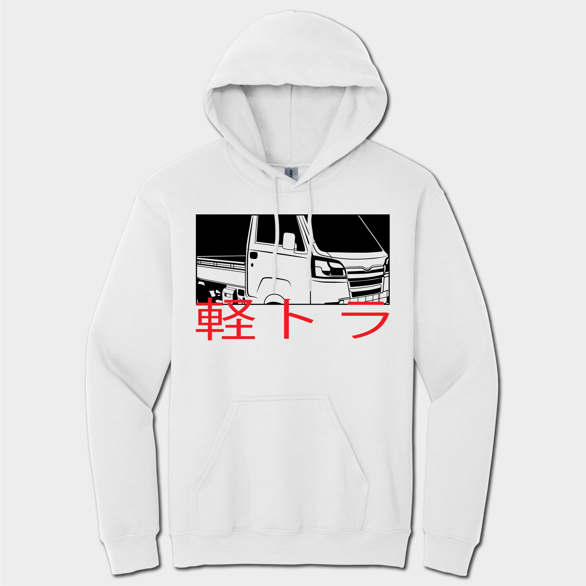 front of JRB2 mini truck hoodie white with black graphics