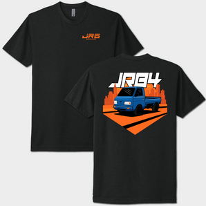 Black t-shirt with orange logo on front and blue truck graphic on back