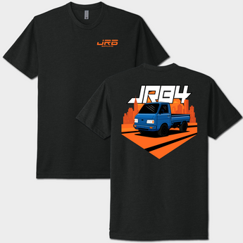 Black t-shirt with orange logo on front and blue truck graphic on back