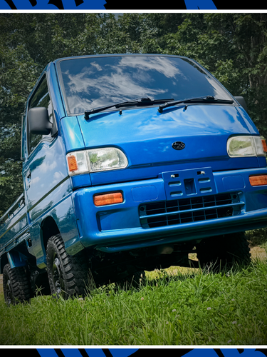 Promotional image of a blue truck with text about a giveaway
