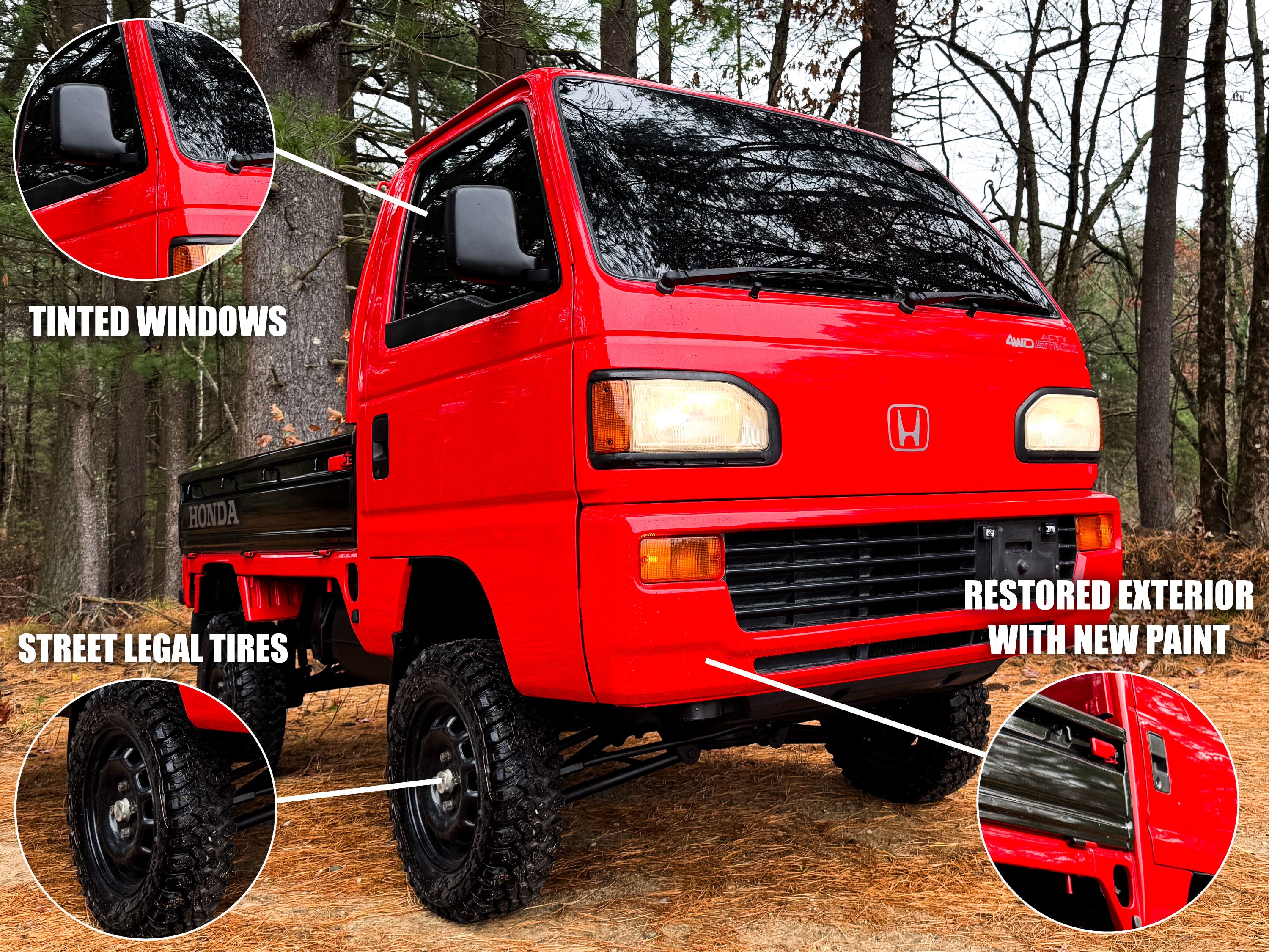 Red Honda truck with features highlighted in a forest setting